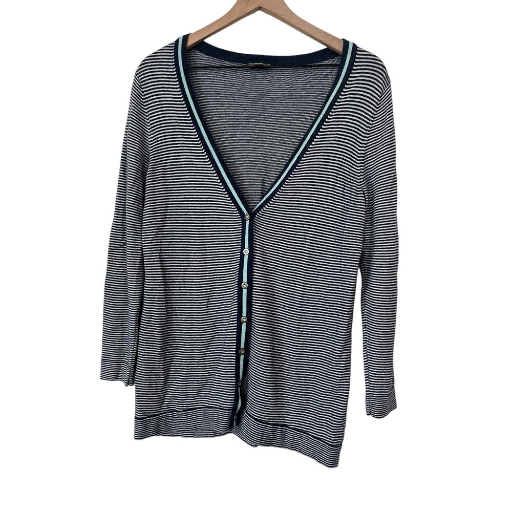 J. Jill Womens Long Sleeve Blue Striped Cardigan Wool Blend Sweater Size Small